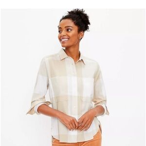 LOFT Neutral Plaid Button-Down Shirt